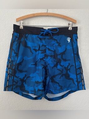 Tucann Men's Size XL Blue Striped Camo 5" Lined Swim Trunks Bathing Suit